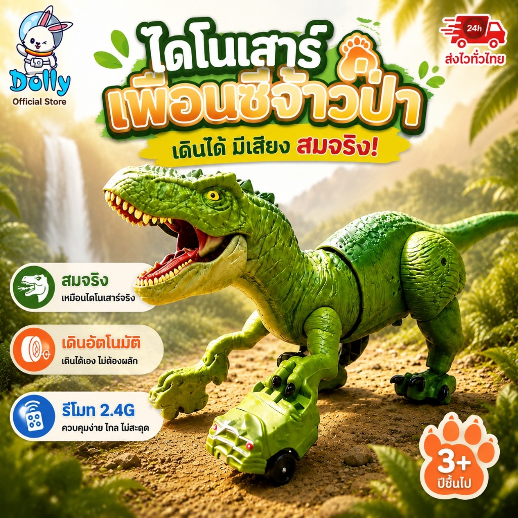 Dolly ไดโนเสาร์รีโมทคอนโทรล 2.4G สเปรย์น้ำควัน มีเสียง+แสง เดินได้ หางถอดได้ ของเล่นเด็กผู้ชาย