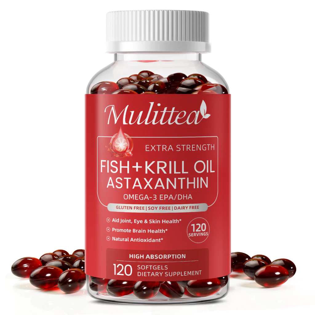 Mulittea astaxanthin+น้ำมันปลา+น้ำมันคริลล์ สารต้านอนุมูลอิสระ บำรุงข้อต่อ กล้ามเนื้อ ผิวหนัง ตา และหลอดเลือด 120 ชิ้น