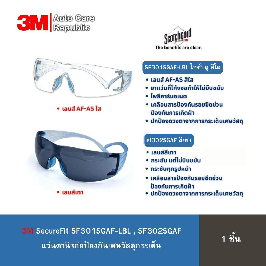3M SecureFit SF301SGAF-LBL, ไอซ์บลู, Scotchgard Anti-fog Coating เลนส์ใส แว่นตานิรภัย , SF302SGAF เลนส์เทา (1 ชิ้น)