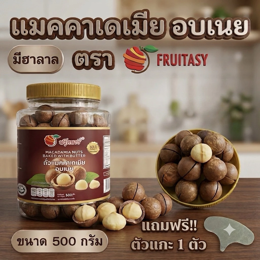 แมคคาเดเมียอบเนยพร้อมทาน ลูกใหญ่ แถมฟรีที่แกะ ขนาด 500 กรัม มี อย.และฮาลาล
