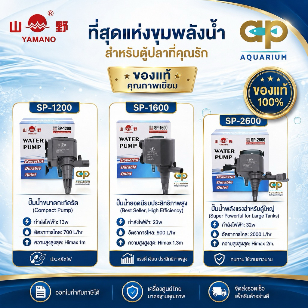 Yamano SP-1200 SP-1600 SP-2600 ปั๊มน้ำตู้ปลา ใช้ทำน้ำหมุนเวียน น้ำพุ น้ำตก ดูดเข้ากรอง น้ำผุด