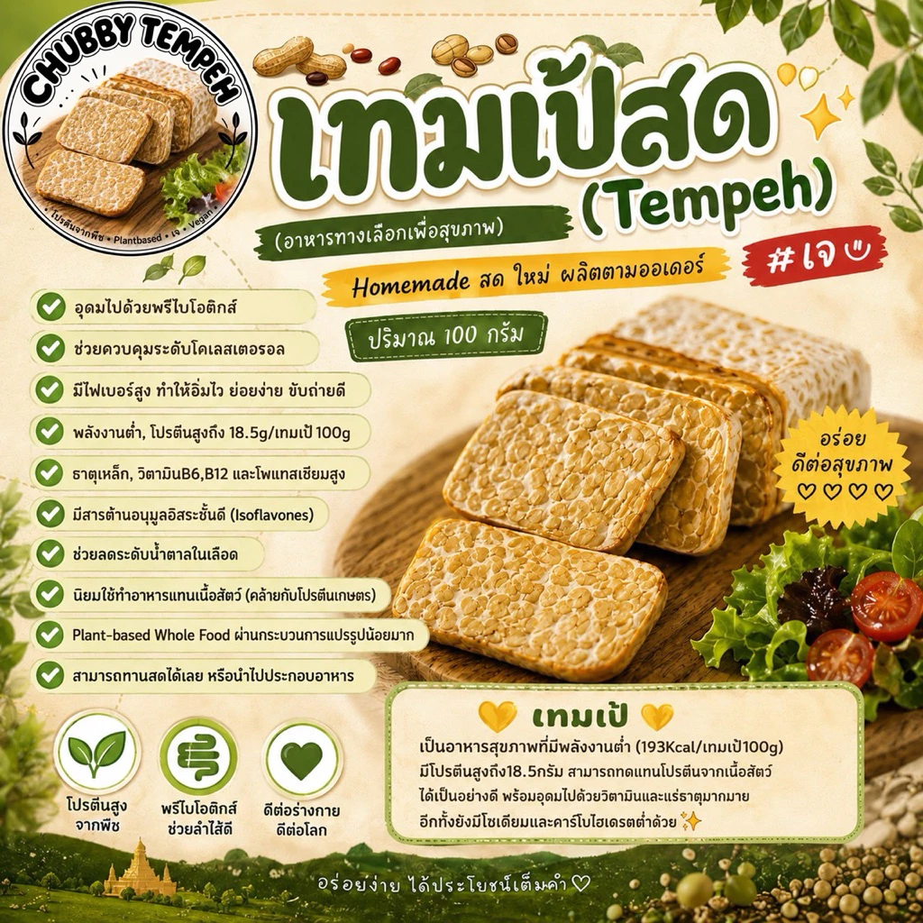 เทมเป้สด ถั่วเหลือง+เม็ดมะม่วงฯ (5แถม1) 100g. (แบบบ่มเอง) โปรตีนจากพืช PlantBased เจ Vegan มังสวิรัติ Tempeh thumbnail 3