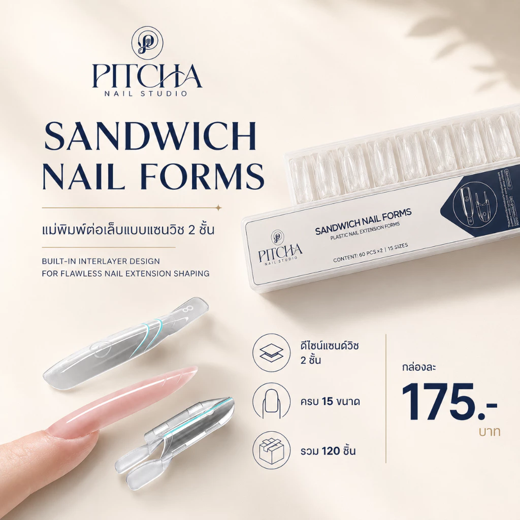 PITCHA SANDWICH NAIL FORMS แม่พิมพ์ต่อเล็บ 2 ชั้น PVC 120 ชิ้น 15 ขนาด (เลือกทรง SNF-05 / SNF-06)