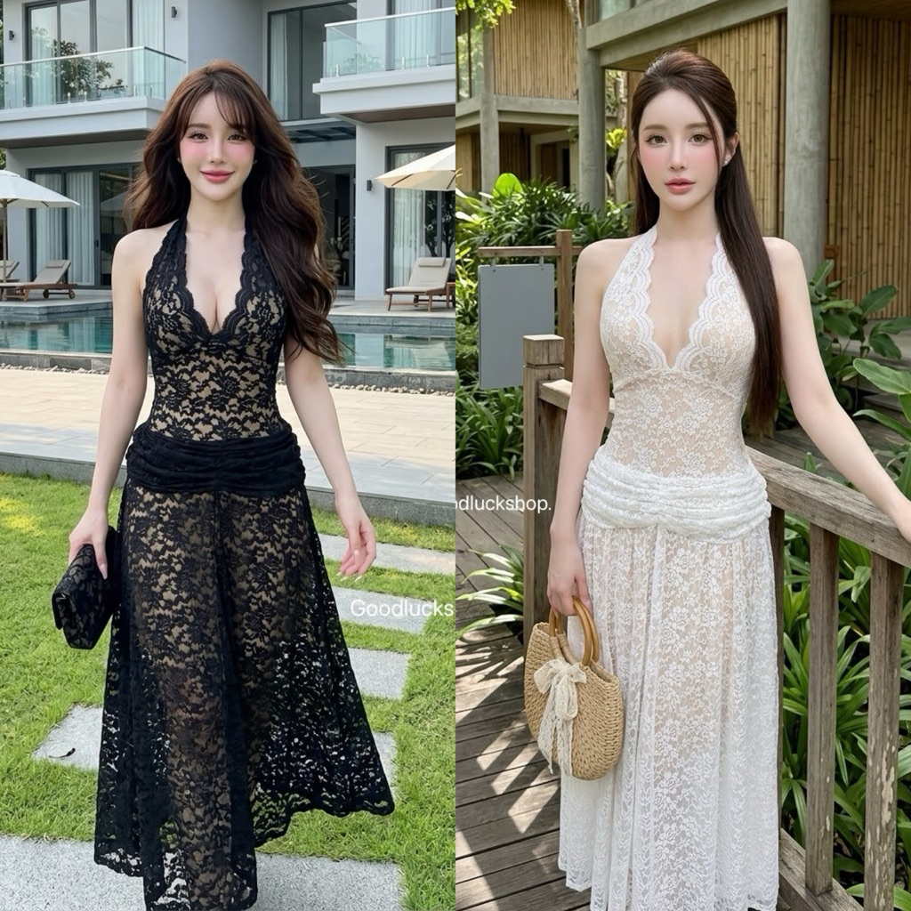 Teera พร้อมส่ง สินค้านำเข้า เดรสยาวผ้าลูกไม้ยืด ลุคนี้ดูสวยแพงมาก มงลง ทรงผูกคอโชว์หลัง ซับในทั้งตัว goodluck