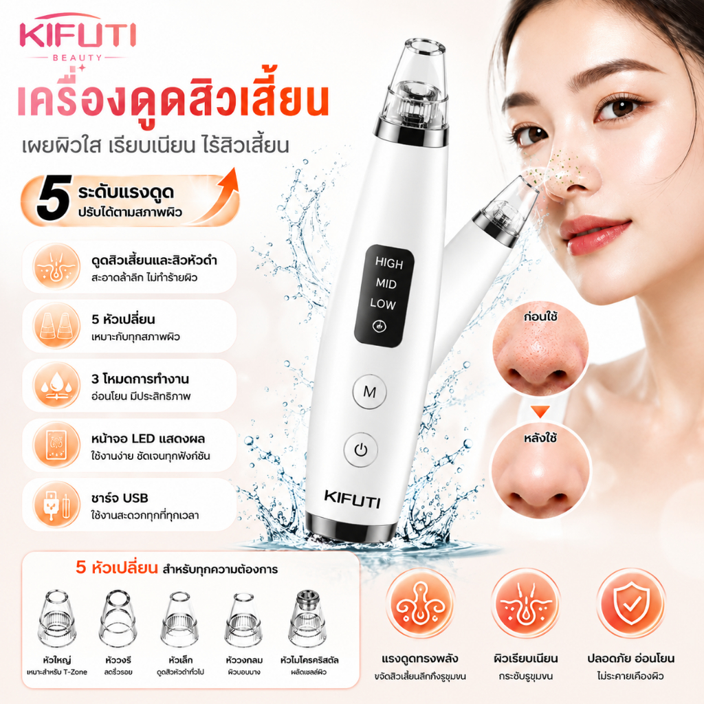 เครื่องดูดสิวเสี้ยน เครื่องดูดสิวหัวดำ เครื่องทำความสะอาดหน้า ดูแลรูขุมขน 3 ระดับแรงดูด 5 หัวดูด ชาร์จ USB