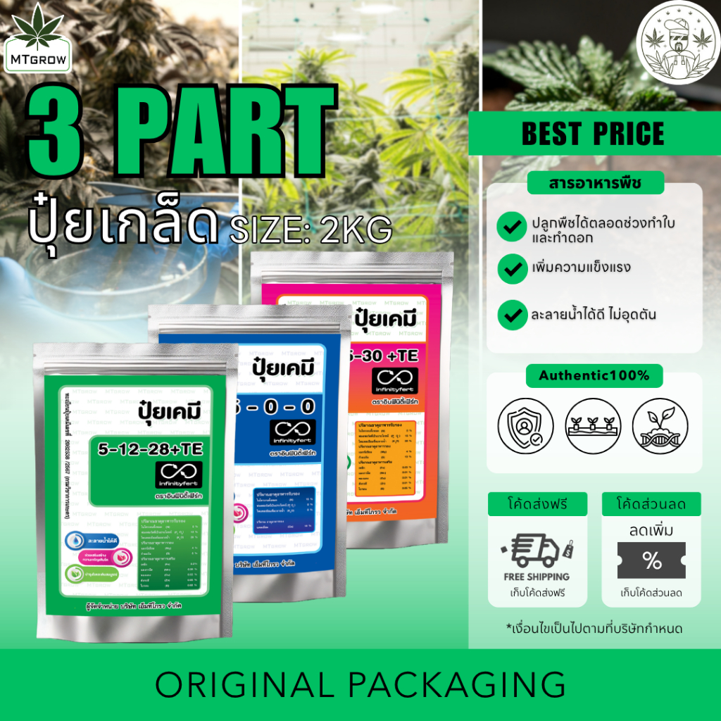 MT BASE GROW & BLOOM  3-Part ปุ๋ยกัญชาแบบผง 2 กก. สำหรับ ผสมน้ำง่าย ครบทุกธาตุ เร่งโต-ดอกดก คุณภาพสู