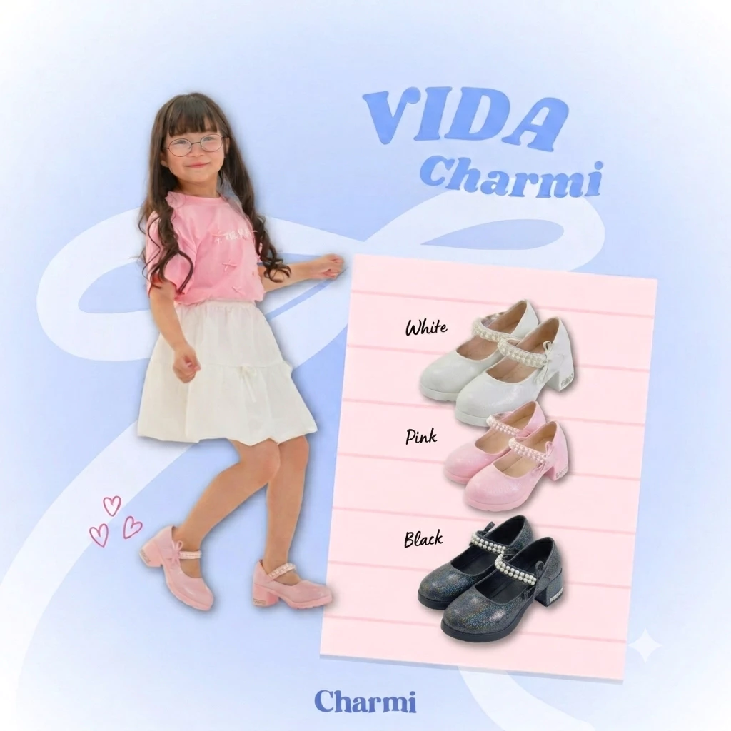 VIDA - CHARMI รองเท้าส้นสูงเด็กผู้หญิงสายคาดประดับมุกตกแต่งโบว์ ไซซ์ 31-36