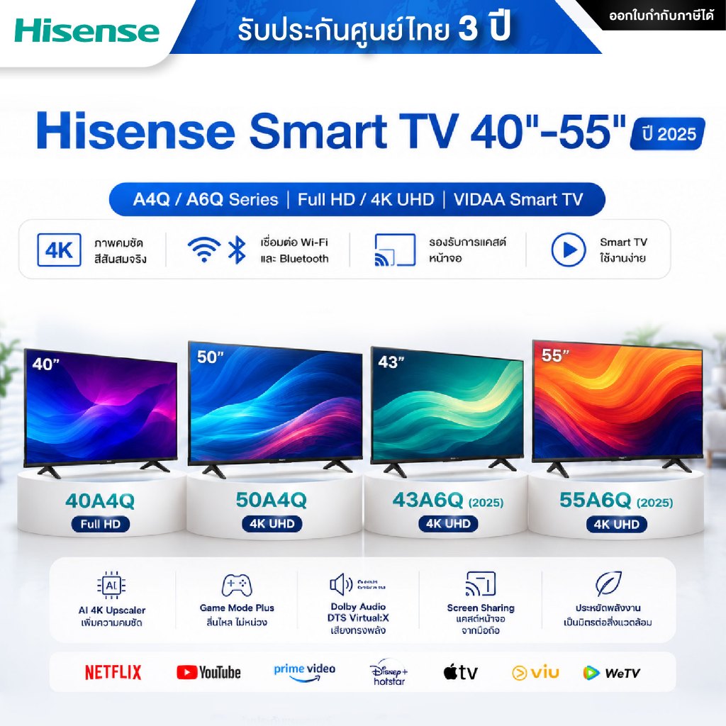 Hisense Smart TV ปี 2025 ขนาด 40/43/50/55 นิ้ว รุ่น A4Q / A6Q Full HD / 4K UHD VIDAA Smart TV - รับป