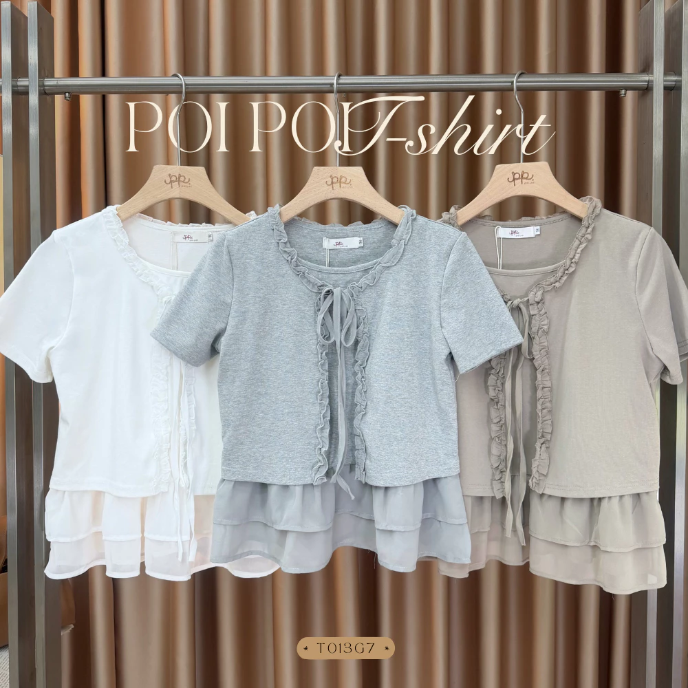 POI เสื้อยืดแต่งชายระบายชีฟองผูกโบว์ น่ารัก ผ้าเนื้อนิ่ม T013G7