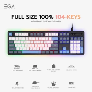 EGA TYPE K12 Membrane Switch Full Size Keyboard 104 Key ปุ่มนุ่ม พิมพ์สบาย ไฟ LED 3 โหมด [รับประกัน 2 ปี]