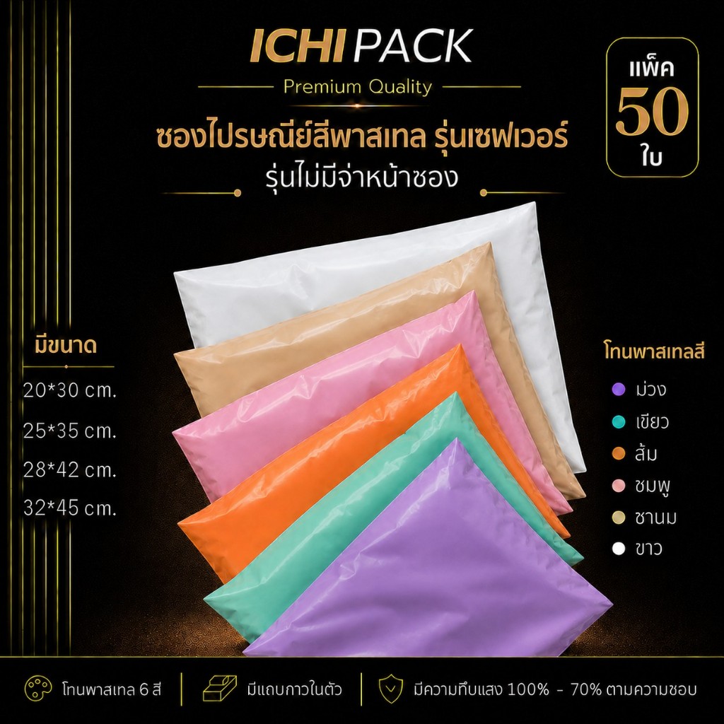 ซองไปรษณีย์ รุ่นเซฟเวอร์ | 50 ใบ/แพ็ค | ไม่มีจ่าหน้า สีพาสเทล | 52.5 ไมครอน/ด้าน มีแถบกาวในตัว