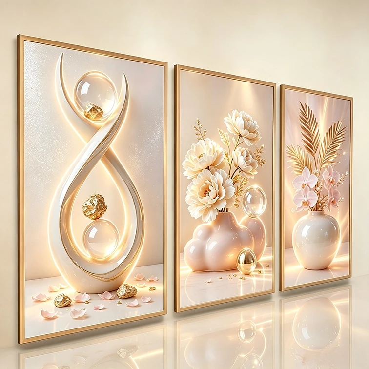ภาพตกแต่งผนังห้องนั่งเล่น3ชิ้นหรูครีม3Dทองแอ็บสแตรกต์ลูกกลมเมฆแจกันต้นกกโมเดิร์นหยดน้ำคริสตัลหลังโซฟาห้องนอนภาพศิลปะ