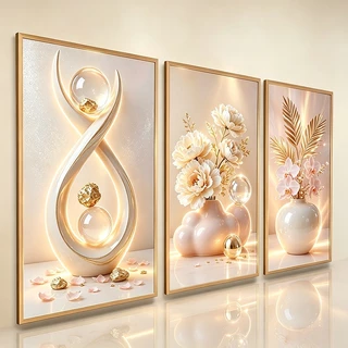 ภาพตกแต่งผนังห้องนั่งเล่น3ชิ้นหรูครีม3Dทองแอ็บสแตรกต์ลูกกลมเมฆแจกันต้นกกโมเดิร์นหยดน้ำคริสตัลหลังโซฟาห้องนอนภาพศิลปะ