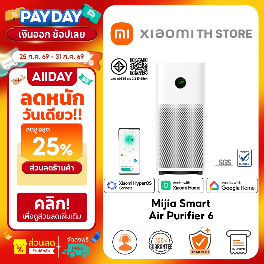 Xiaomi Mijia Smart Air Purifier 6 เครื่องฟอกอากาศ เซ็นเซอร์ฝุ่น 443m³/h อนุภาค CADR