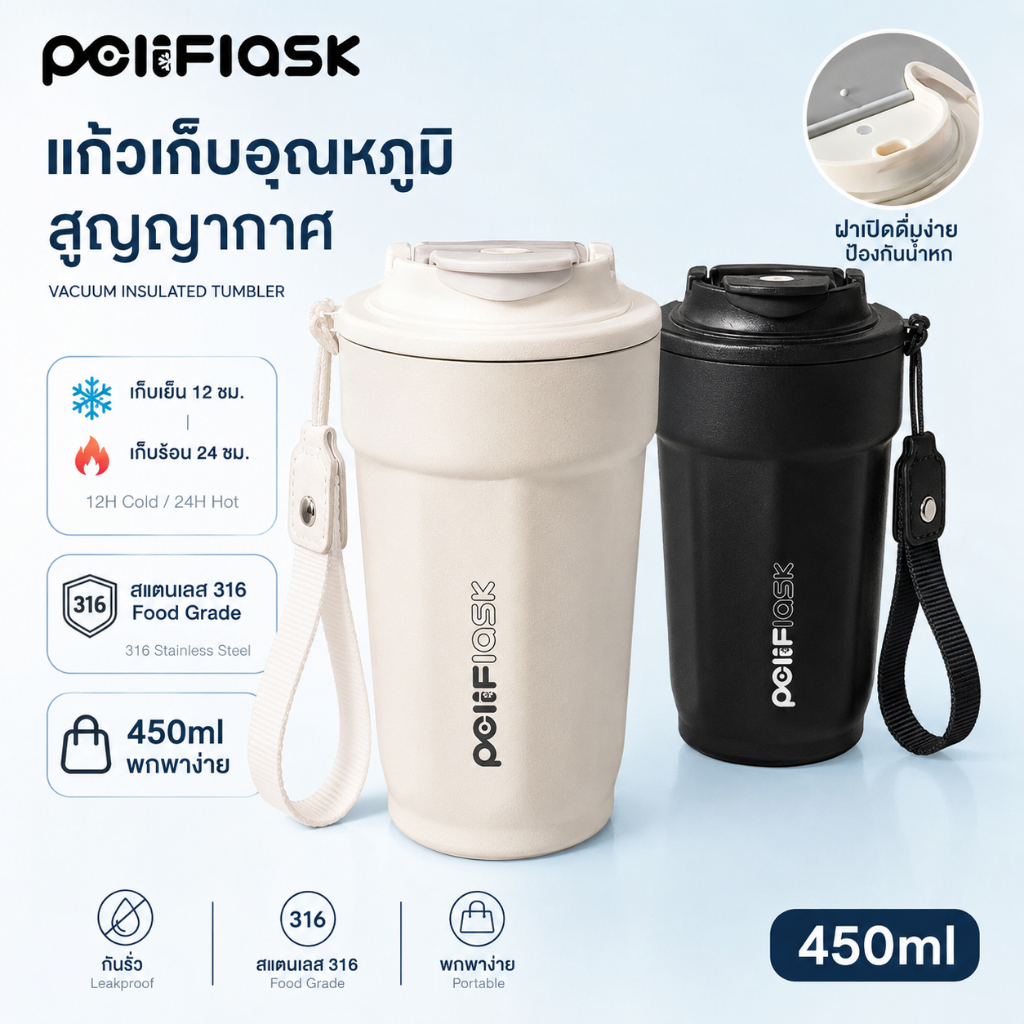 Peliflask แก้วกาแฟพกพา เก็บความเย็น แก้วกาแฟ แก้วเก็บอุณหภูมิ สแตนเลสแบบพกพา น้ำสแตนเลส 450ML 15OZ