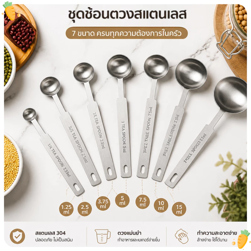 ช้อนตวงหลายขนาด สแตนเลสเกรดอาหาร 1.25/2.5/3.75/5/7.5/10/15 มล