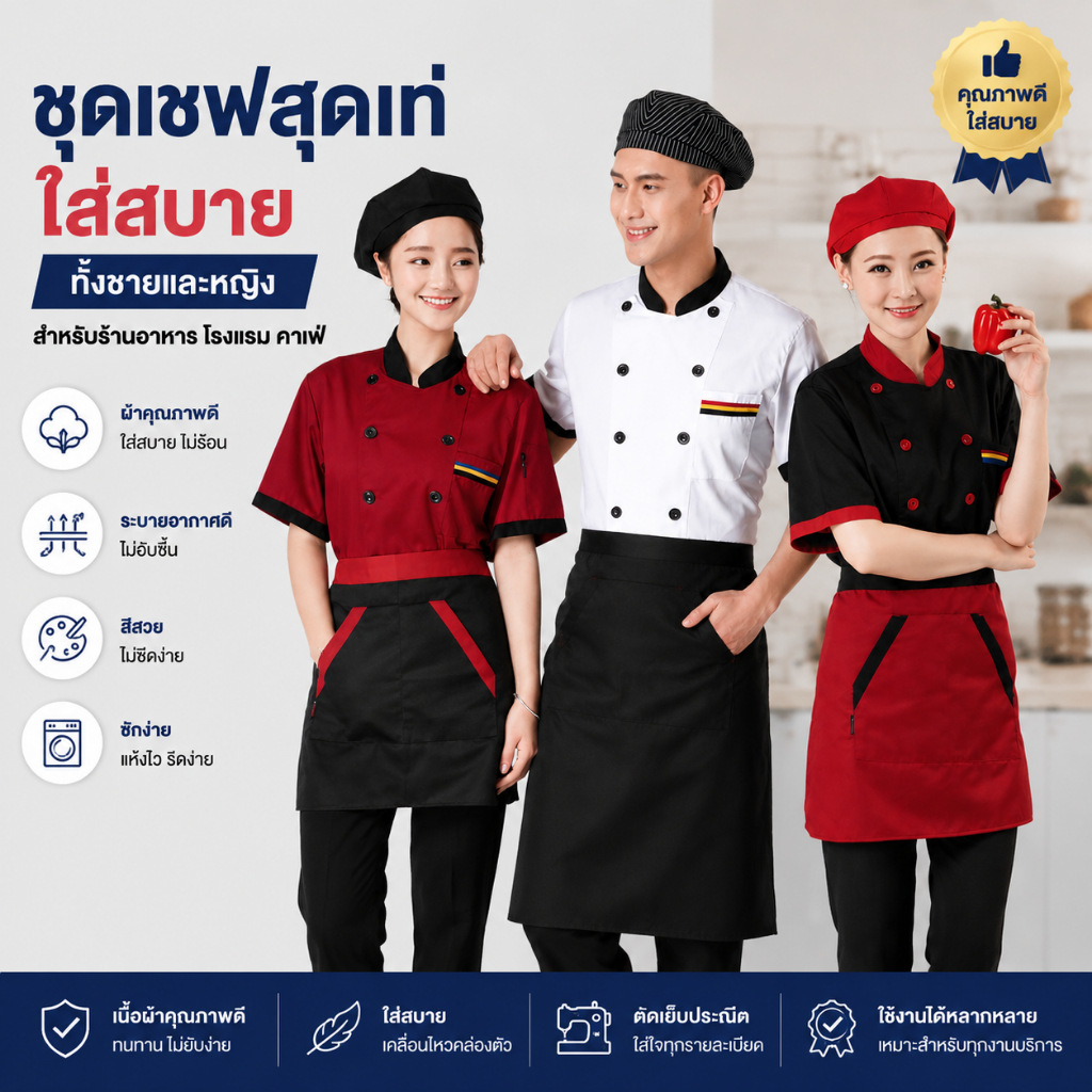 เสื้อเชฟ ยูนิเซ็กซ์ เสื้อกุ๊ก สำหรับร้านอาหาร โรงแรม ห้องครัว เบเกอรี่ ชุดยูนิฟอร์มเชฟ พร้อมส่ง