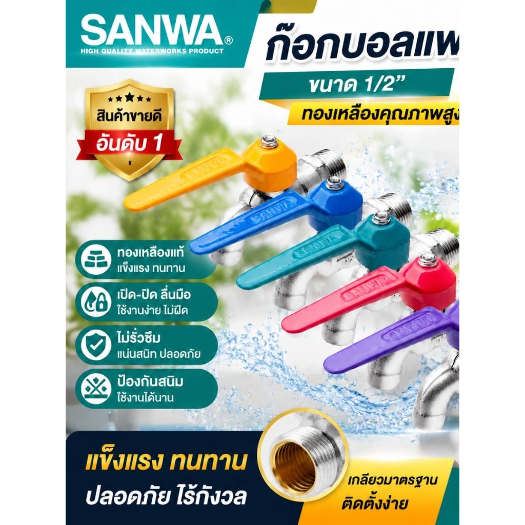 ก๊อกน้ำทองเหลือง SANWA 4 หุน (1/2 นิ้ว) ก๊อกบอล ก๊อกสนาม ก๊อกซักล้าง คุณภาพสูง ไม่รั่วซึม