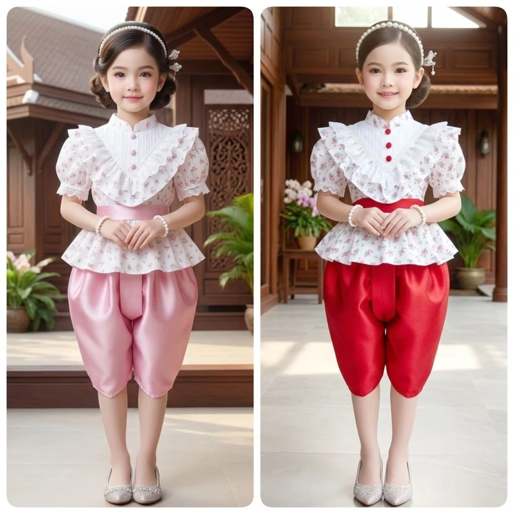 ชุดไทยเด็ก รุ่นโจงกระเบน+เสื้อแขนตุ๊กตาลายดอกไม้ ***ไม่รวมเครื่องประดับ***