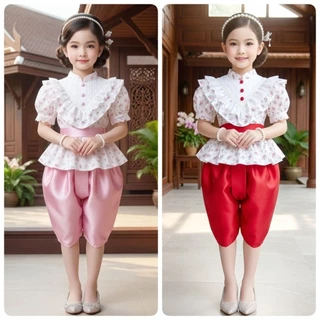 ชุดไทยเด็ก รุ่นโจงกระเบน+เสื้อแขนตุ๊กตาลายดอกไม้ ***ไม่รวมเครื่องประดับ***