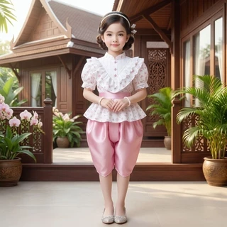 ชุดไทยเด็ก รุ่นโจงกระเบน+เสื้อแขนตุ๊กตาลายดอกไม้ ***ไม่รวมเครื่องประดับ***
