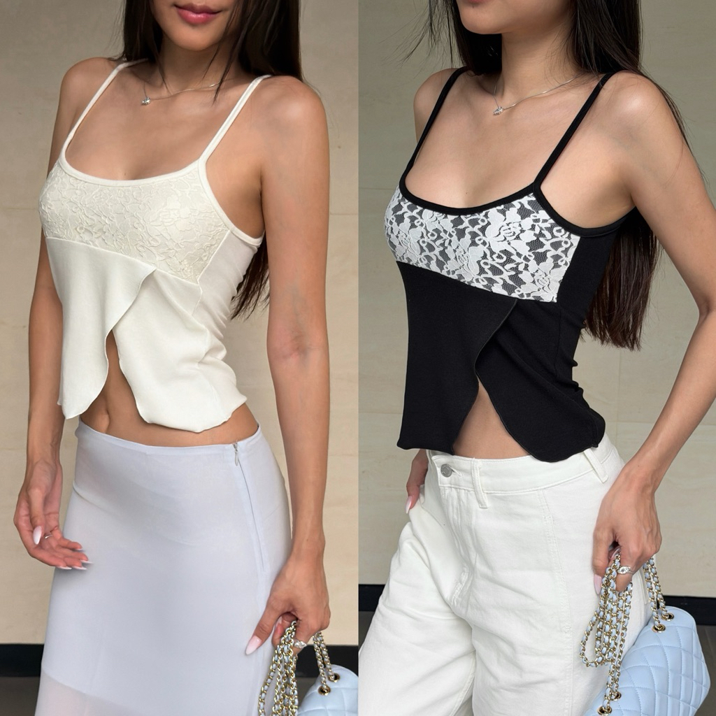 RUDY - MELODY TOP เสื้อสายเดี่ยวปรับสายได้ผ้ายืดตกแต่งลูกไม้ที่อก