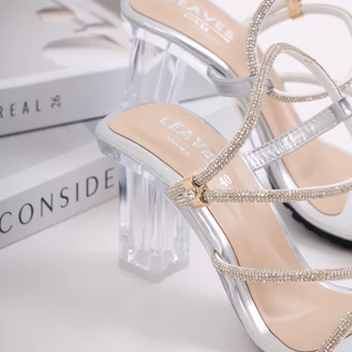 LEAVESSHOES รองเท้าส้นสูงผู้หญิงแฟชั่น ส้นแก้ว ส้นสูงสายเพชร ส้นสูง 2.5 นิ้ว สายใสคริสตัลระยิบระยับ ออกงาน รุ่น Mica