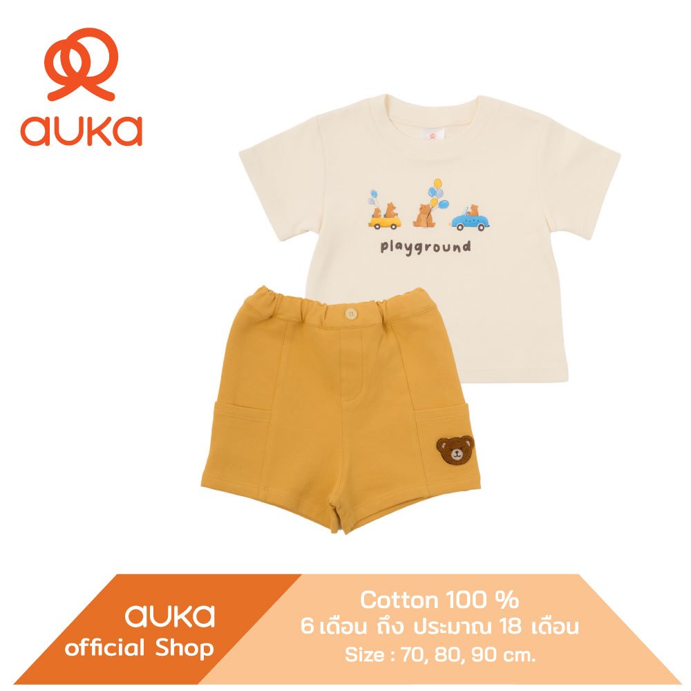 Auka.เสื้อแขนสั้นคอกลม คู่ กางเกงขาสั้น 3 เดือน -2 ขวบ Auka The Bear's Playground