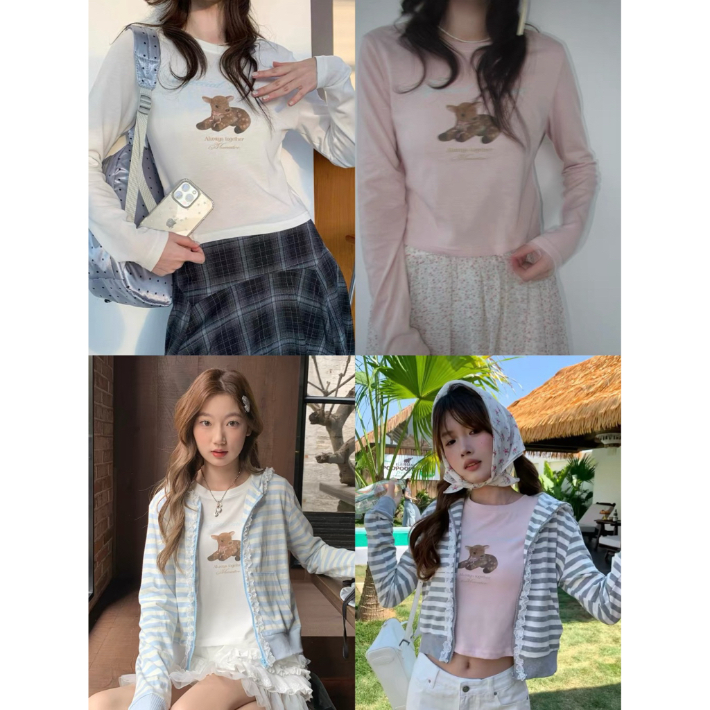 Somedays | 🐰Bambi (ขายแยก) เสื้อยืดแขนยาวผ้านุ่ม+คาร์ดิแกนลายทางแต่งลูกไม้ผ้ายืด