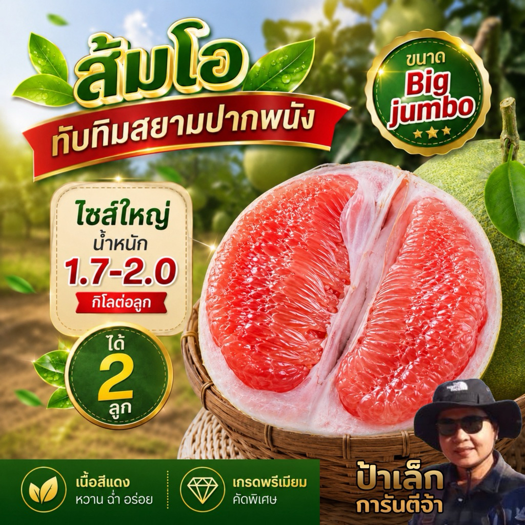 ส้มโอทับทิมสยามปากพนัง ไซส์ Big jumbo 2ลูก  น้ำหนัก 1.7- 2.0