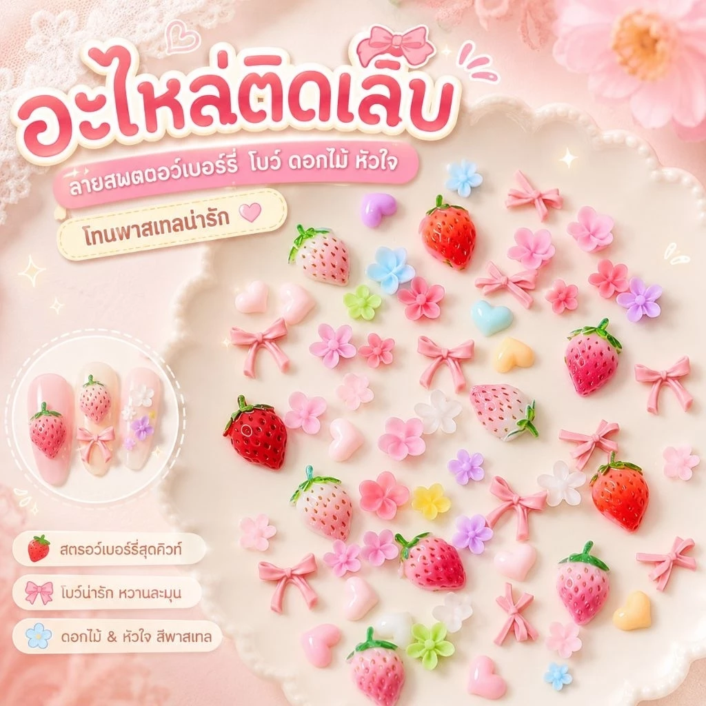 อะไหล่ติดเล็บ ลวดลายสตอเบอรี่ คละแบบหลากหลาย ประมาณ50ชิ้น/ห่อ สิสค้าพร้อมส่งในไทย