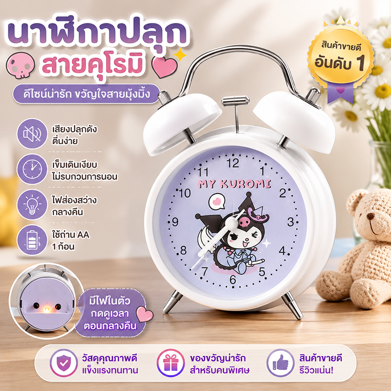 นาฬิกาปลุกวินเทจ นาฬิกาตั้งโต๊ะ เข็มชั่วโมงนาที เสียงปลุกดัง เดินเงียบ มีไฟกลางคืน ของแต่งห้องนอน