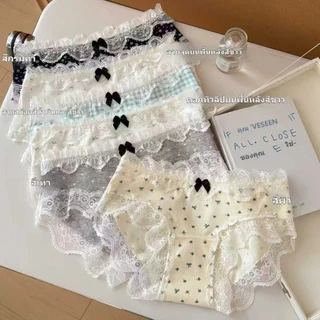 M-2XL🎀 กางเกงในผู้หญิงผ้าฝ้าย นุ่มสบาย ขอบลูกไม้ เอวกลาง ดีไซน์สวย ระบายอากาศดี ใส่ได้ทุกวัน
