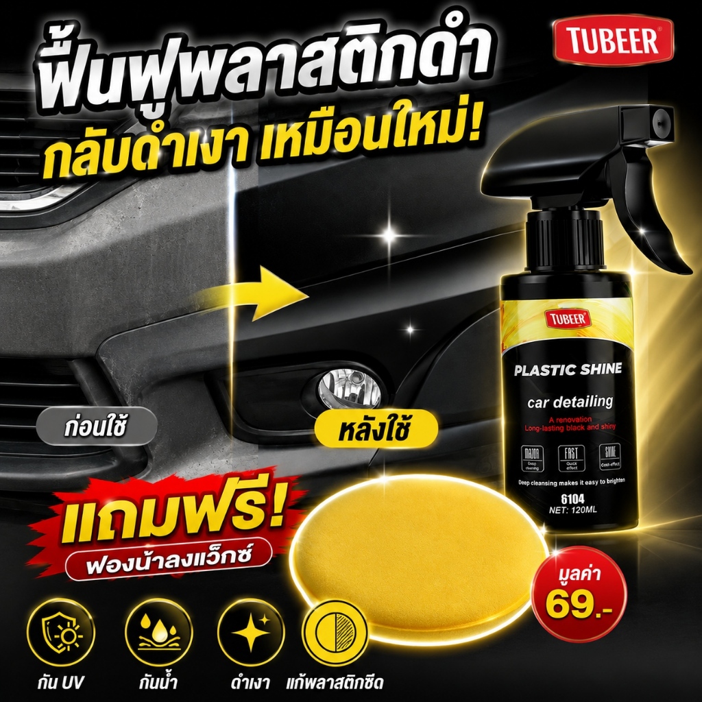 น้ำยาฟื้นฟูพลาสติกดำ สเปรย์ฟื้นฟูพลาสติก TUBEER คืนความดำเงา กันน้ำ กัน UV แก้ปัญหาพลาสติกซีดจาง