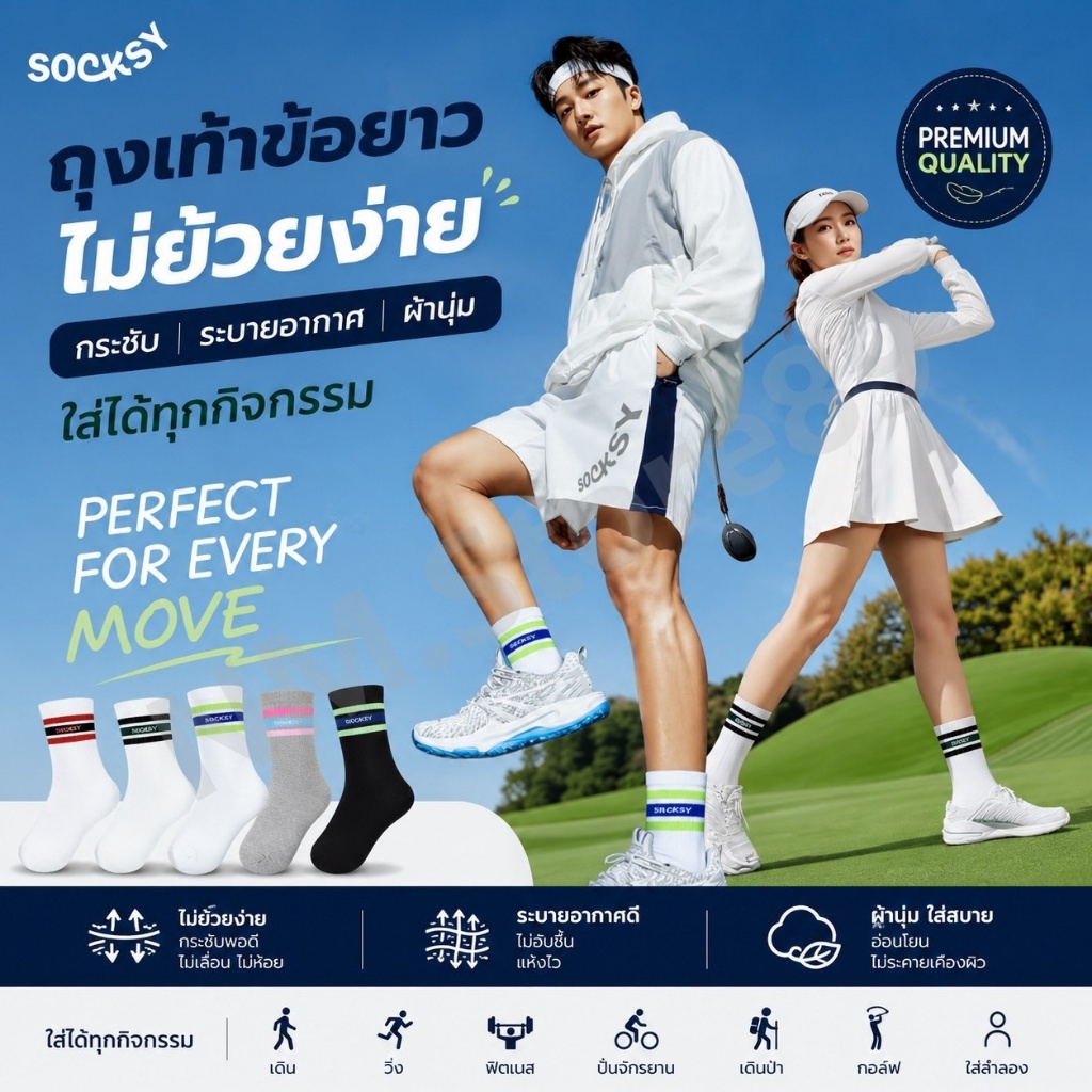 พร้อมส่ง ถุงเท้ากีฬา Socksy ตีเทนนิส กอล์ฟ ถุงเท้าแฟชั่น ระบายอากาศดี สวมใส่สบายไม่รัดเท้า