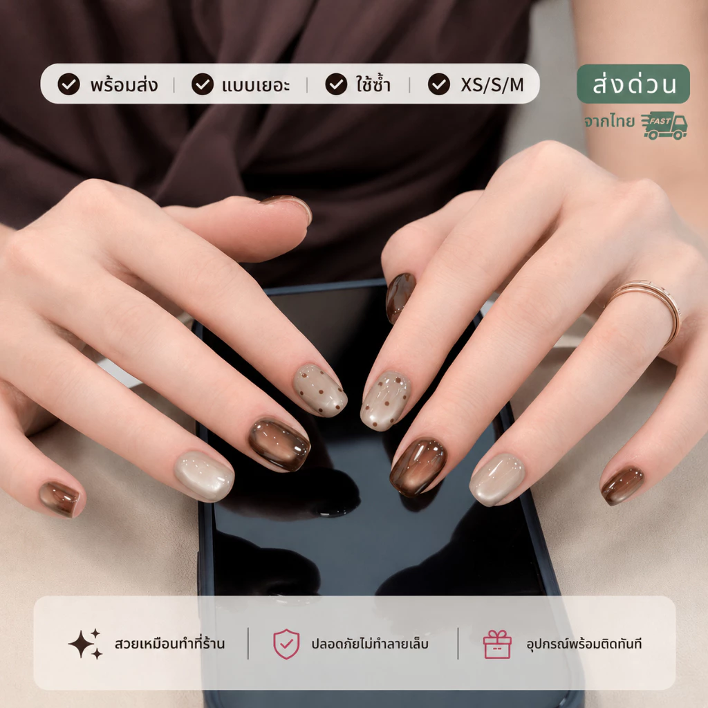 เล็บปลอมสีลูกแก้ว ลายน่ารัก 🐰 ลายจุด ติดง่าย ใช้ซ้ำได้ แถมฟรีกาว Press on nails Cats Eye💢 ไซส์ M S XS
