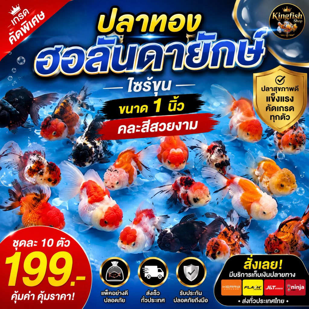 ปลาทองฮอลันดายักษ์ 1 นิ้ว ชุด 10 ตัว หัววุ้น ทรงสวย หาวงพริ้วดอกกุหลาบ รับประกัน