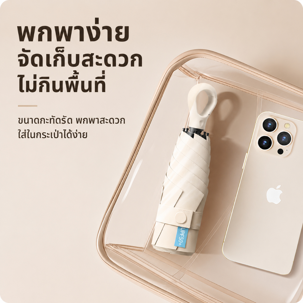 ร่มกันแดดแบบพกพาทรงแคปซูล พับได้ 6 ซี่ ป้องกันรังสียูวี UPF50+ ด้ามจับแบบห่วง ขนาดกะทัดรัด พกพาสะดวก รุ่นใหม่ปี 2026
