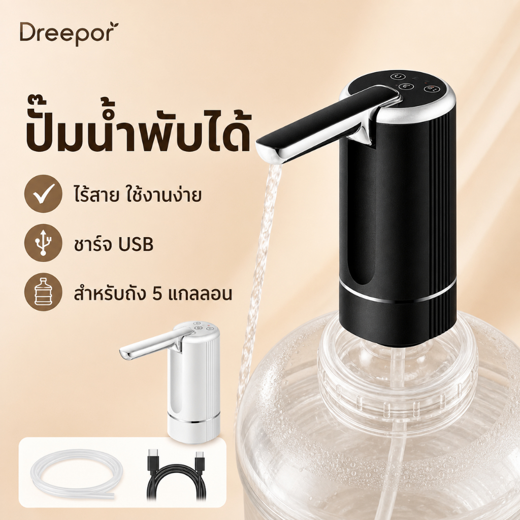 Dreepor ปั๊มน้ำดื่ม USB ไร้สาย แบบพับได้ สำหรับถังน้ำ 5 แกลลอน ใช้งานง่าย