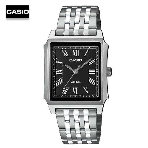 นาฬิกาข้อมือผู้ชายคาสิโอ Casio สายสแตนเลสสีเงิน หน้าปัดดำ รุ่น MTP-B190D-1BVDF, MTP-B190D-1B, MTP-B1