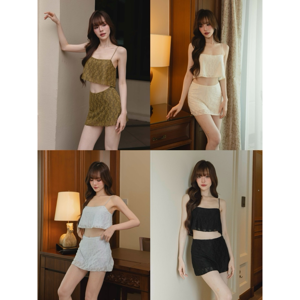 CHANUN-Lovie Set ชุดเซ็ตสายเดี่ยว+กระโปรงผ้าลูกไม้ยืด ซับในกางเกง (CN-093)