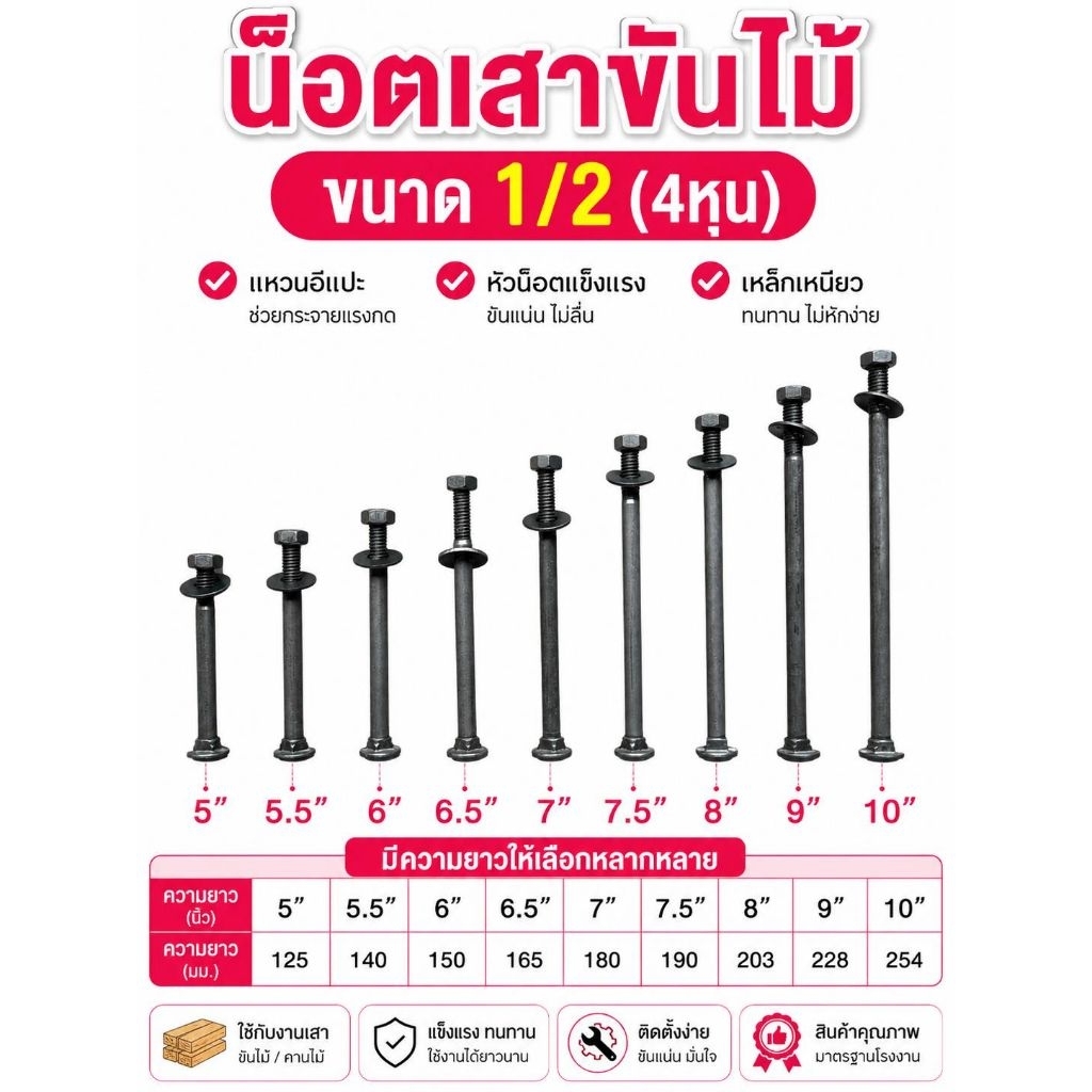 น็อตหัวเสา, สกรูขันไม้ น็อตหัวกลมเพลาขาว ขนาด 4หุน(1/2)+หัวน็อต+แหวนอีแปะ  มีความยาวตั้งแต่ 5นิ้ว ถึง10นิ้ว ถุงละ 1kg.