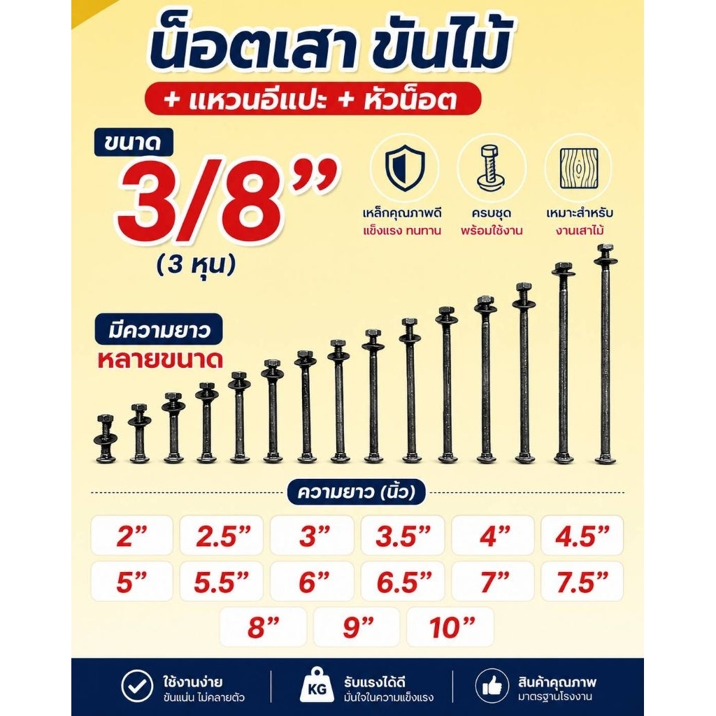 น็อตหัวเสา สกรูขันไม้ น็อตหัวกลมเพลาขาว ขนาด 3หุน(3/8)+หัวน็อต+แหวนอีแปะ  มีความยาวตั้งแต่ 2นิ้ว ถึง10นิ้ว ถุงละ 1kg.