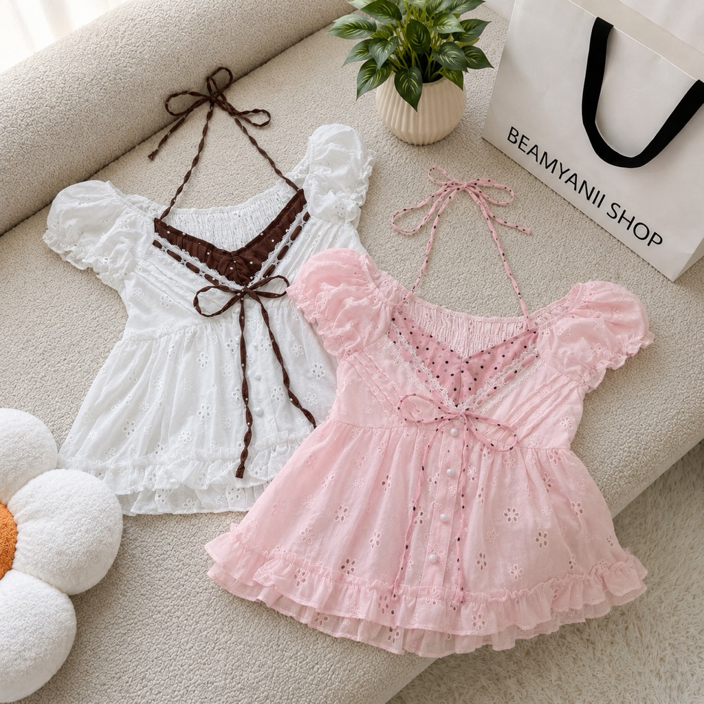 เสื้อแขนตุ๊กตาอก 34-42 ดีเทลผูกหน้าสองชั้นผ้าฉลุ ( Linda )