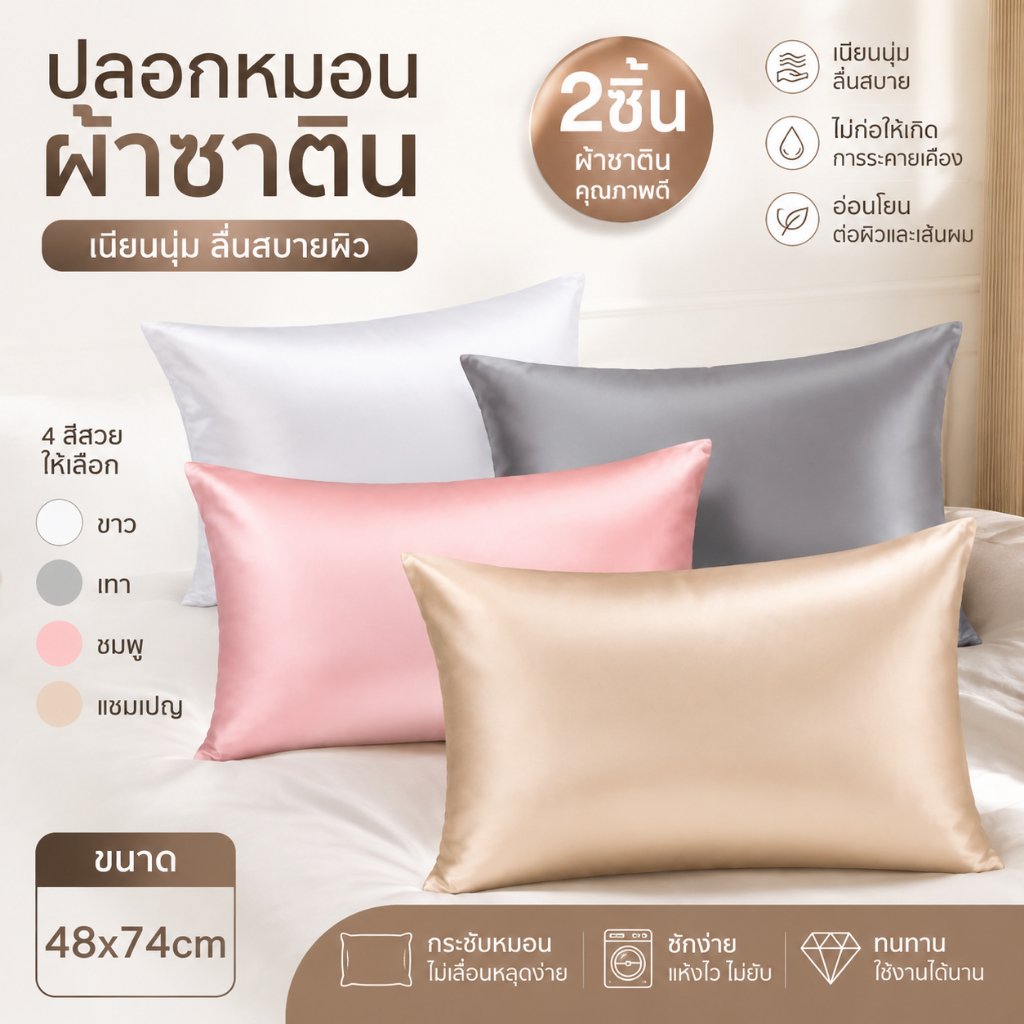 HT 48x74 ซม. ปลอกหมอน ผ้าซาติน สีพื้น เนื้อนุ่ม เย็นสบาย และเย็นสบายสำหรับการนอนหลับ กันไรฝุ่น Satin Silk Pillowcase