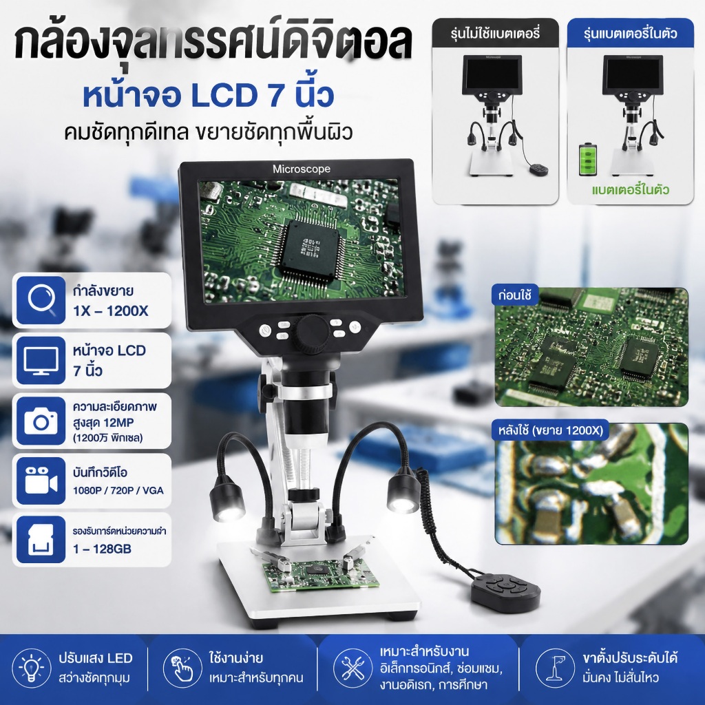 กล้องจุลทรรศน์ดิจิทัล 7 นิ้ว ซูม 1200X 12MP HD กล้องจุลทรรศน์อิเล็กทรอนิกส์ แว่นขยาย ความละเอียดสูง สําหรับบัดกรี
