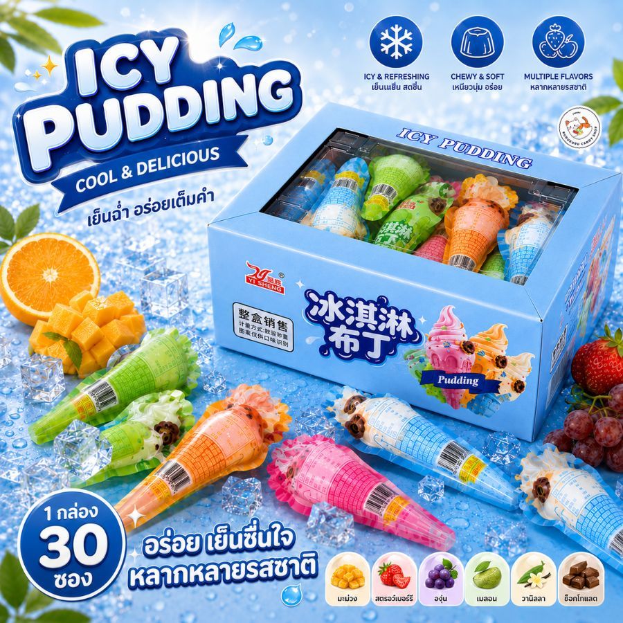 ใหม่!! พุดดิ้งเจลลี่ ไอศกรีม แพคเกจน่ารัก Pudding Ice-Cream หอมหวาน กินเพลิน มี 4 รสชาติ โยเกิร์ต องุ่น สตรอเบอร์รี่