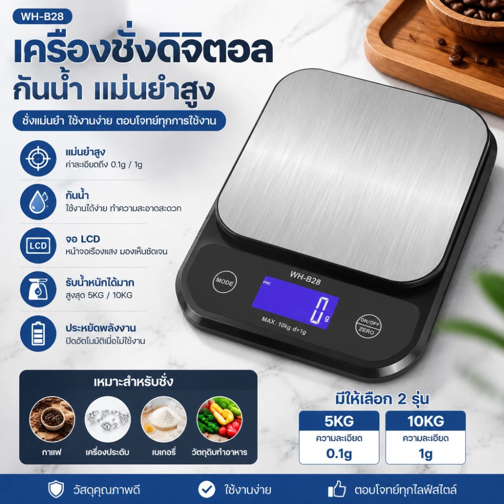 WH-B28 ตาชั่งดิจิตอลอิเล็กทรอนิกส์สำหรับครัวขนาด 5kg/0.1g หรือ 10kg/0.1g แสดงผล LCD กันน้ำได้เต็มที่ ทำจากสแตนเลส