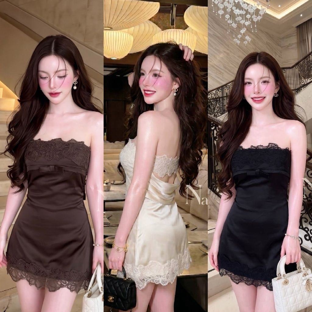Natee Dress  เดรสเกาะอกสีไอวอรี่ ที่ตัดเย็บจากผ้าซาตินเนื้อเงา ตกแต่งด้วยผ้าลูกไม้ฉลุลายดอกไม้