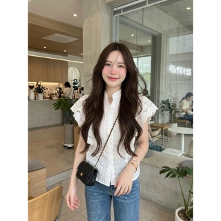 M2086 เสื้อเชิ้ตคอจีนงานปักฉลุ "Lace Ruffle" สวยแพง สไตล์ลักชู